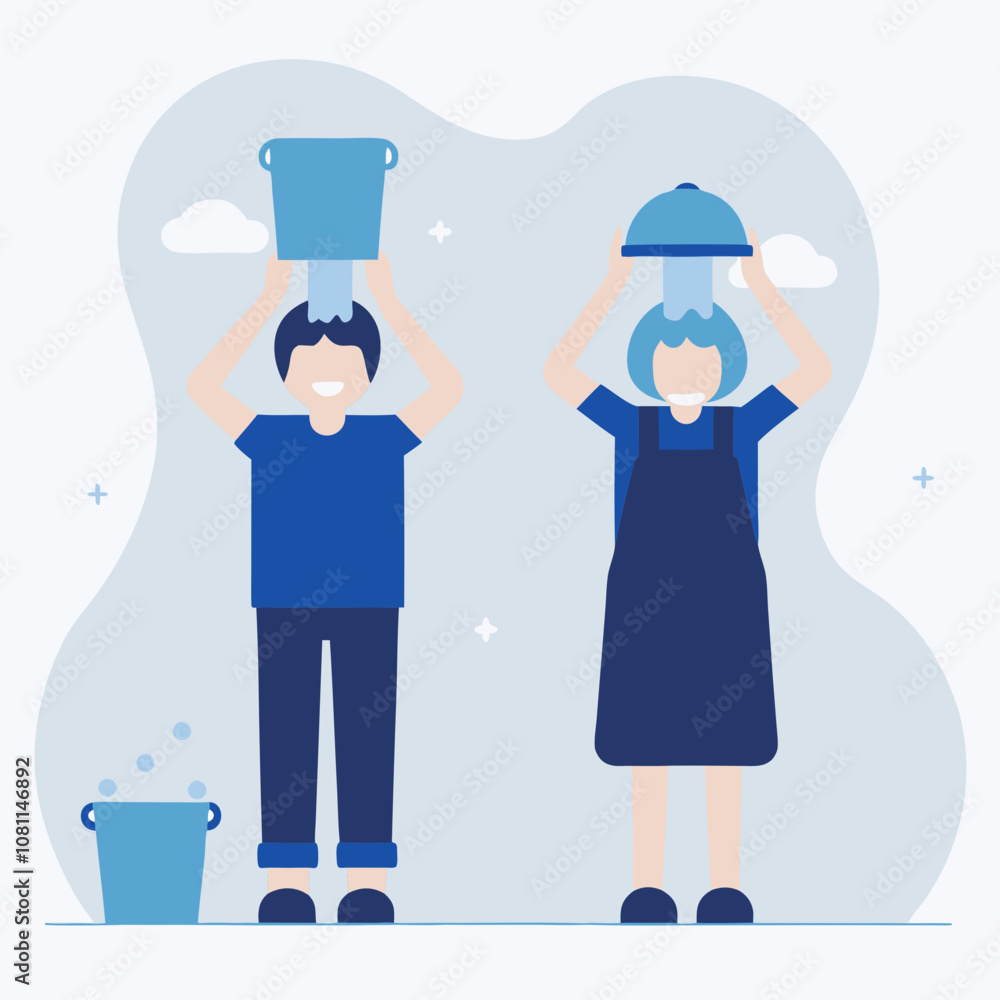 Two people are holding buckets and a bowl, possibly cleaning or washing something. Scene is lighthearted and playful, as the people are holding the buckets and bowl in a humorous way Two people are holding buckets and a bowl, possibly cleaning or washing something. Scene is lighthearted and playful, as the people are holding the buckets and bowl in a humorous way