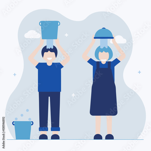 Two people are holding buckets and a bowl, possibly cleaning or washing something. Scene is lighthearted and playful, as the people are holding the buckets and bowl in a humorous way