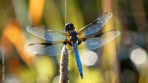 Close-up capture of a dragonfly delicately perched on a vibrant green cattail plant. photo