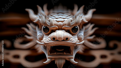 A detailed close-up of a finely carved wooden dragon head showcasing exquisite craftsmanship, with lifelike textures and expressive features, emphasizing cultural and artistic heritage. photo