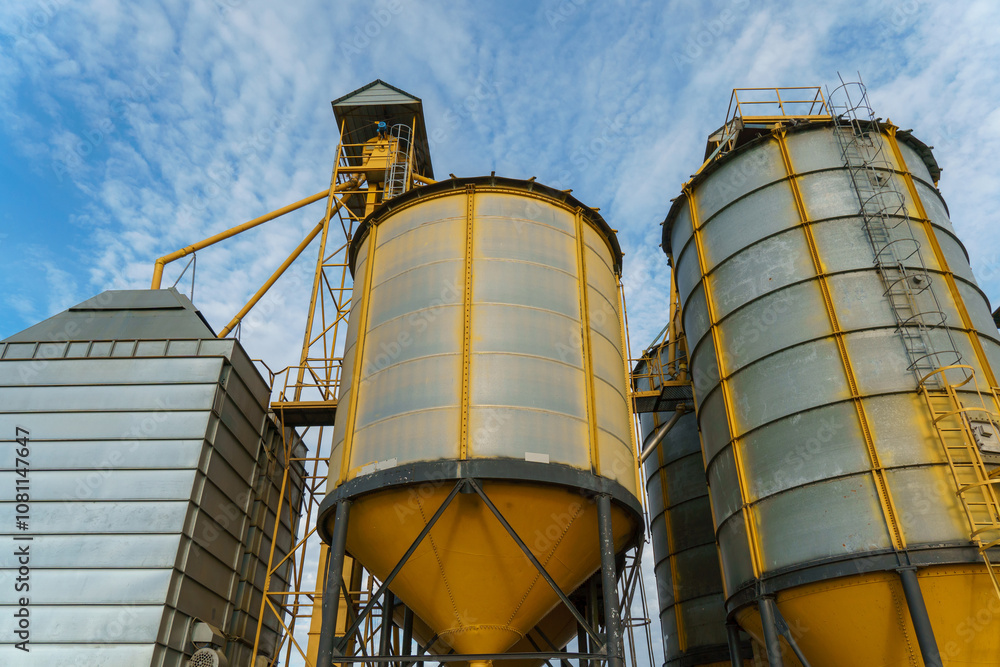 silver silos on agro manufacturing plant for processing drying cleaning and storage of agricultural products, flour, cereals and grain. Large iron barrels of grain. Granary elevator silver silos on agro manufacturing plant for processing drying cleaning and storage of agricultural products, flour, cereals and grain. Large iron barrels of grain. Granary elevator