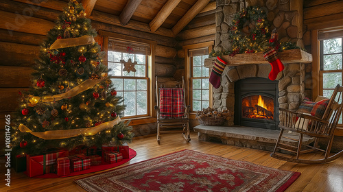 Rustic Christmas tree with burlap ribbon, pinecones, and natural ornaments in a cozy log cabin setting photo