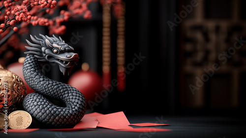 A finely carved dragon sculpture surrounded by red envelopes, gold coins, and festive ornaments, symbolizing prosperity and the rich traditions of the Chinese New Year celebration. photo