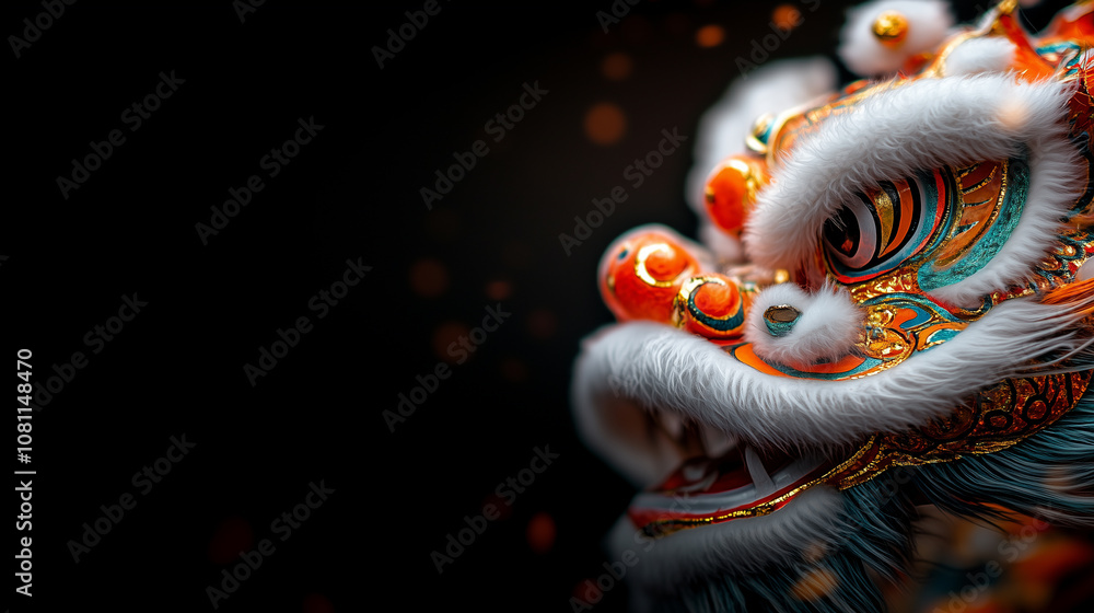 A dramatic close-up of a colorful and intricate lion dance mask with bold orange, turquoise, and gold details, set against a deep black background celebrating Chinese New Year traditions. A dramatic close-up of a colorful and intricate lion dance mask with bold orange, turquoise, and gold details, set against a deep black background celebrating Chinese New Year traditions.