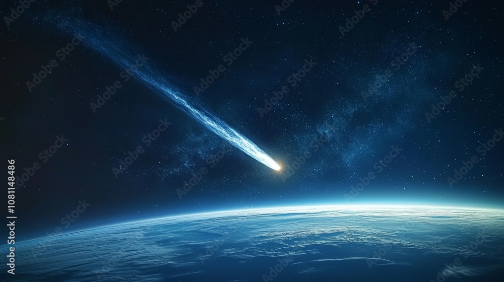 Fototapeta premium Comet passing Earth in space, stunning view of celestial travel and cosmic beauty