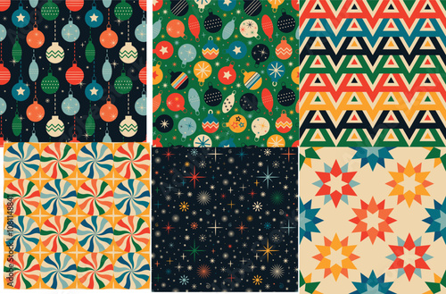 Vintage retro Christmas seamless backgrounds in the style of the 60s and 70s. Vector illustration