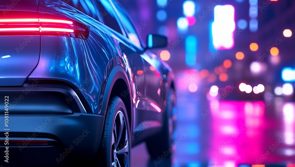 A sleek car parked in a vibrant, illuminated urban setting. A sleek car parked in a vibrant, illuminated urban setting.