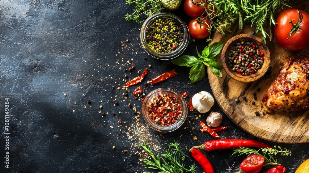 Spices and herbs with colorful ingredients on dark background Spices and herbs with colorful ingredients on dark background