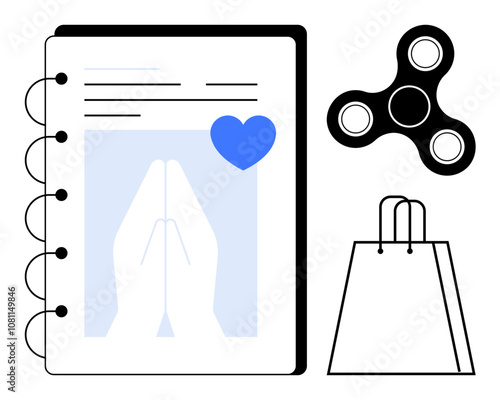 Notebook featuring clasped hands illustration and heart, fidget spinner, and shopping bag. Ideal for mindfulness, stationery, mental health, relaxation, consumer habits, simplicity personal