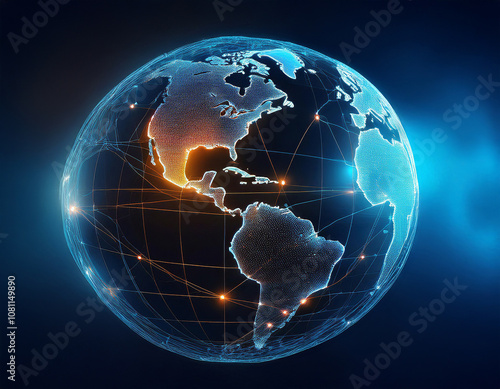 Wallpaper Mural Digital world globe rotating with north america highlighted and connected by orange lines, representing global communication and networking Torontodigital.ca