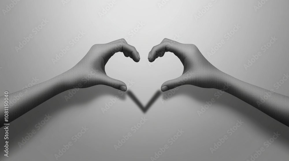 Obraz premium Hands forming a heart shape casting a shadow on a plain background in black and white