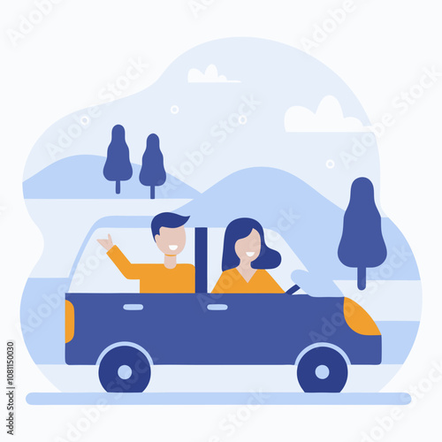 A man and a woman are in a car, driving down a road. The man is waving at the woman, possibly greeting her or saying goodbye. The car is blue and has a few trees in the background