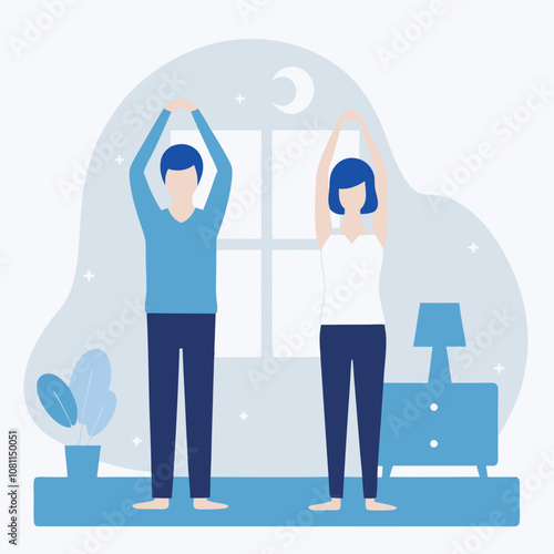 A man and woman are doing yoga in a room. The man is on the left and the woman is on the right