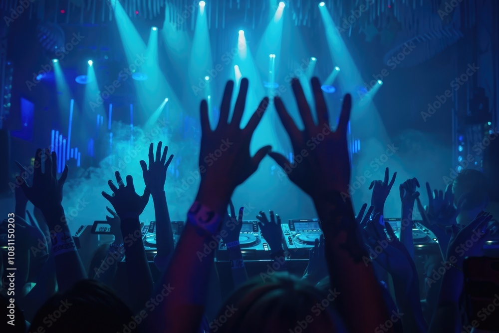 custom made wallpaper toronto digitalDJ hands up at night club party under blue light with crowd of people