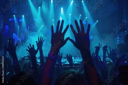 Wallpaper Mural DJ hands up at night club party under blue light with crowd of people Torontodigital.ca