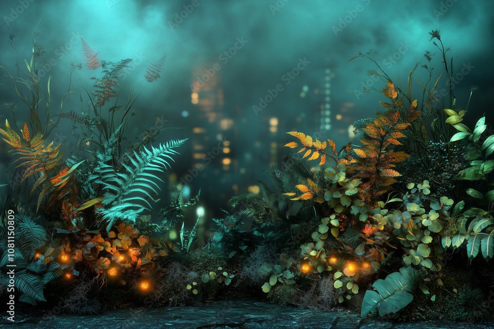 Obraz premium Urban Jungle with Glowing Plants and Cityscape