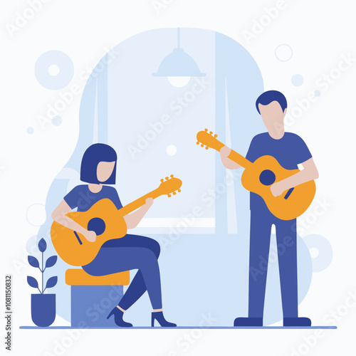 Two people playing guitars in a room with a window. The man is holding a guitar and the woman is sitting on a chair