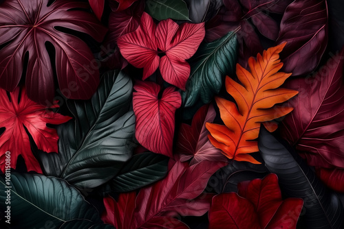 Dark and Moody Botanical Background with Red and Green Leaves