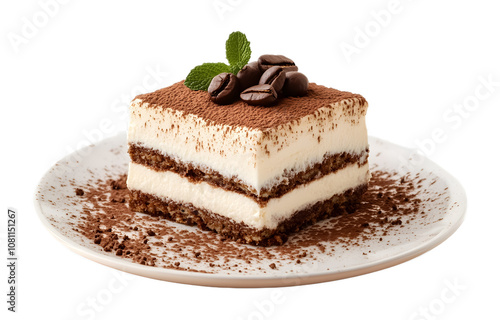 Tiramisu with layers of coffee soaked isolated on a transparent background