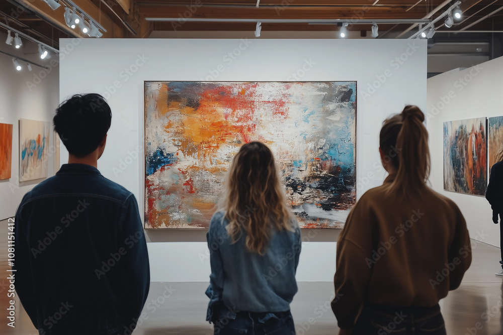 People in an art gallery looking at paintings People in an art gallery looking at paintings