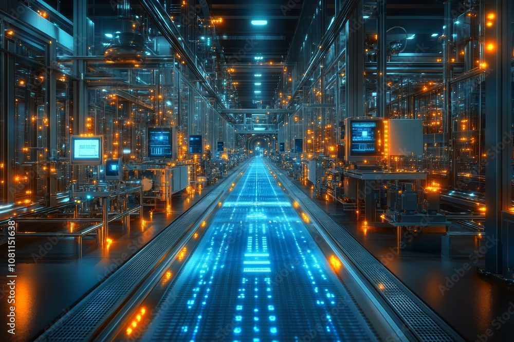 Industrial Factory Line with Electronic Devices and Luminous Objects Generative AI Industrial Factory Line with Electronic Devices and Luminous Objects Generative AI