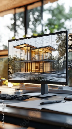 Modern Architectural Workspace with AI-Powered 3D House Modeling in Progress