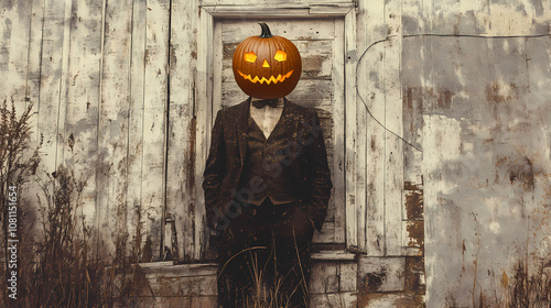 A vintage photograph reveals a man with a pumpkin head, unearthing curiosities of the past. perfect for halloween events and mysterious-themed designs. Enigma. Illustration photo