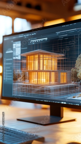 Modern Architectural Workspace with AI-Powered 3D House Modeling in Progress