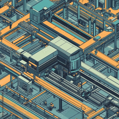 Isometric AI Core in a Factory Setting, Illustration in Bright Colors, Potential use case: Technology and Industry Concept Generative AI photo