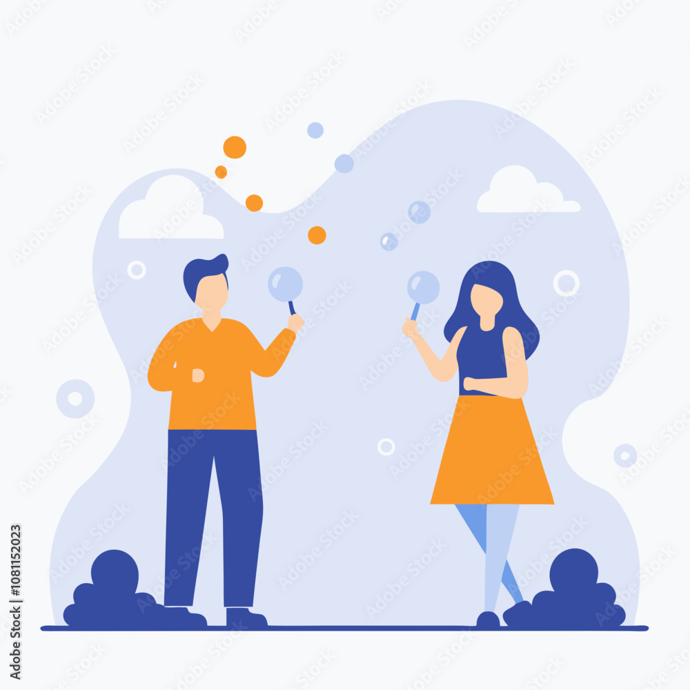 Two people are holding bubbles and looking at each other. Scene is lighthearted and playful Two people are holding bubbles and looking at each other. Scene is lighthearted and playful