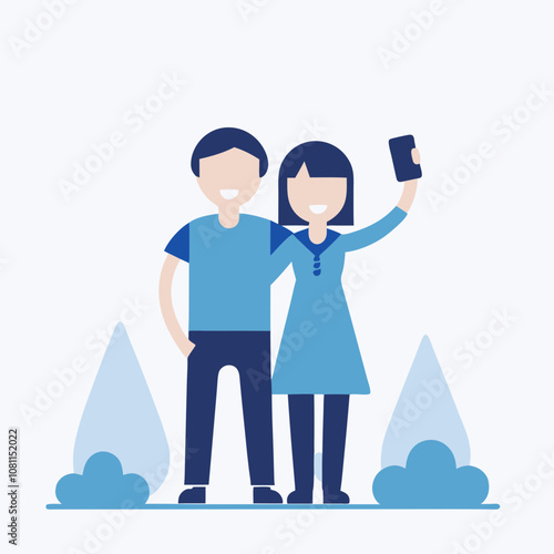 A man and a woman are posing for a picture with a cell phone. The man is smiling and the woman is holding the phone. Concept of happiness and connection between the two people
