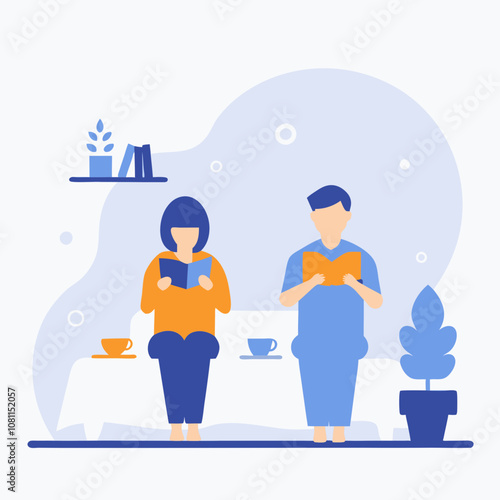 A man and a woman are sitting on a couch reading books. The man is reading a book while the woman is reading a different book. There are cups and a potted plant in the background