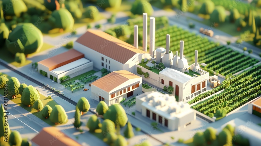 Low Poly Aerial View of a Wine Factory and Vineyard with IoT Sensors Generative AI Low Poly Aerial View of a Wine Factory and Vineyard with IoT Sensors Generative AI