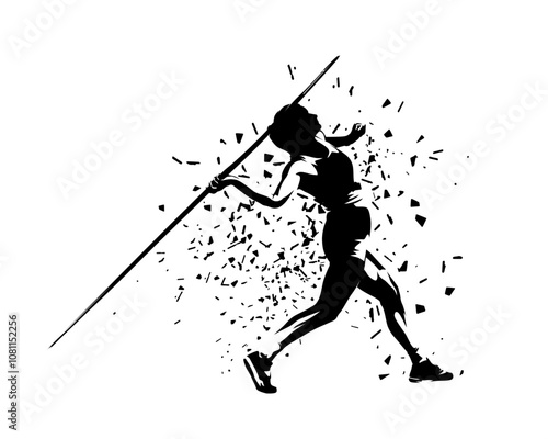 Athletics, javelin throw, distorted woman isolated vector silhouette. Female athlete illustration
