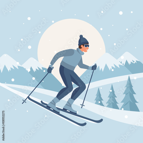 Male character on skis on mountain winter landscape background. Winter sport, outdoor sport activity. Flat illustration