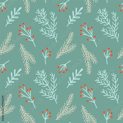 Seamless pattern with Christmas tree branches and rowan berries. Christmas background. Illustration.