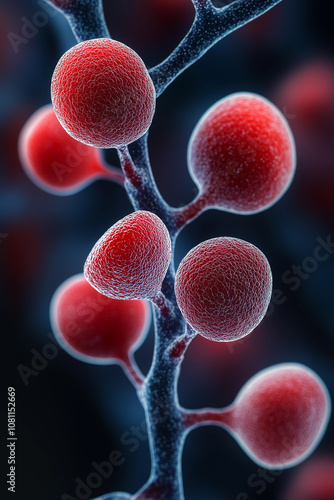 Red blood cells flowing through microscope photo