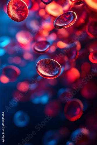 Red blood cells flowing through microscope photo