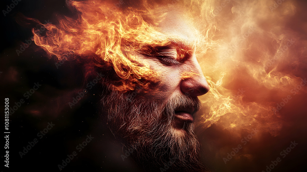 Fiery transformation of a bearded man abstract setting digital art surreal environment close-up perspective inner strength concept Fiery transformation of a bearded man abstract setting digital art surreal environment close-up perspective inner strength concept