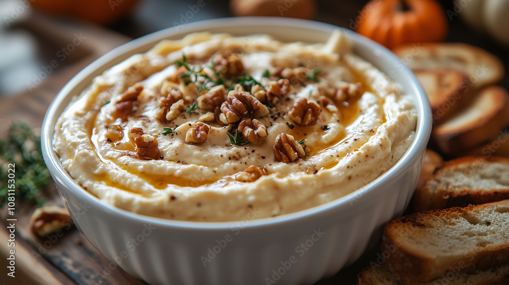 Delicious pumpkin whipped feta dip served with crunchy bread slices Delicious pumpkin whipped feta dip served with crunchy bread slices