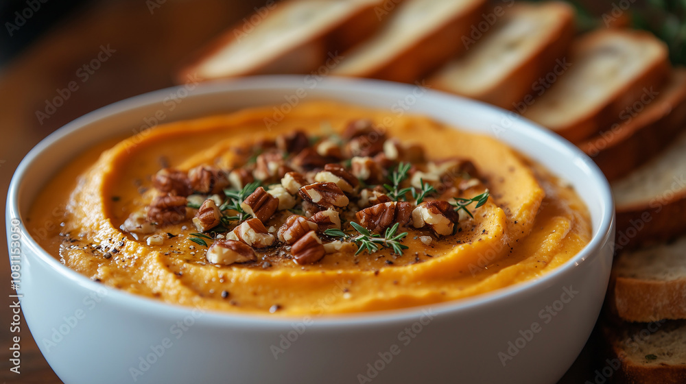Delicious pumpkin whipped feta dip with toasted pecans and bread slices Delicious pumpkin whipped feta dip with toasted pecans and bread slices