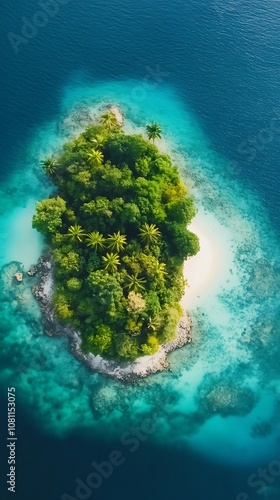 Lush tropical landscape island surrounded by vibrant turquoise waters.