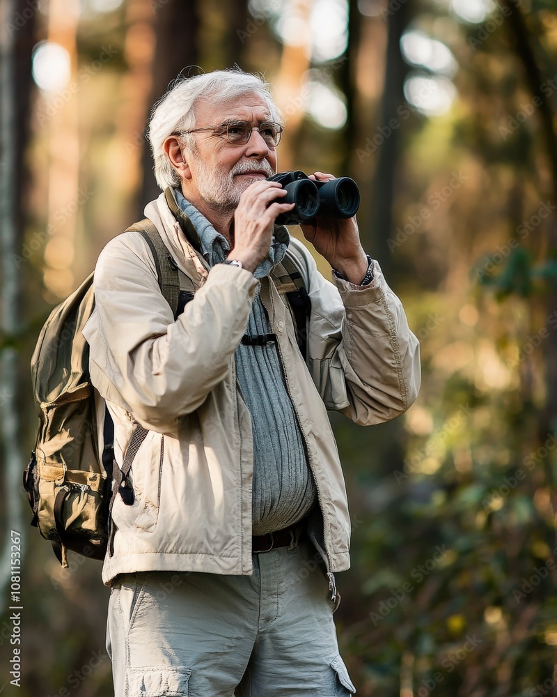 Elderly Man Birdwatching with Binoculars in Nature Elderly Man Birdwatching with Binoculars in Nature