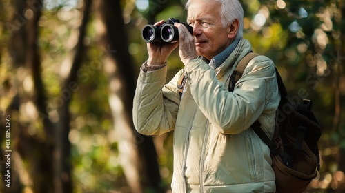 Elderly Man Birdwatching with Binoculars in Nature