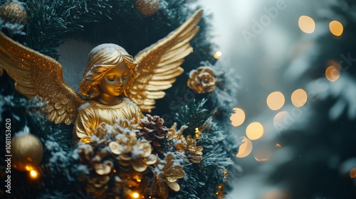 A Golden Angel Ornament Adorned with Snow and Pine Cones photo