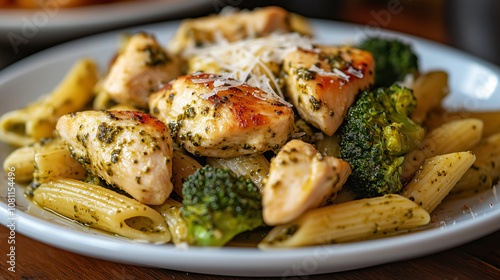 Delicious chicken broccoli pesto penne served on a white plate