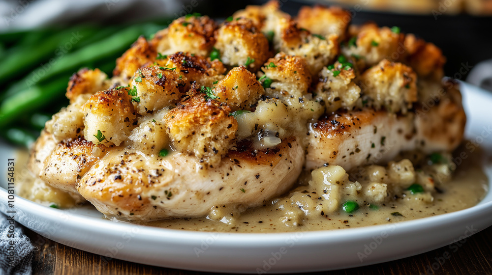 Delicious close-up of chicken and stuffing served on a white plate Delicious close-up of chicken and stuffing served on a white plate