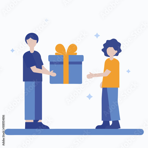 A man is holding a gift box and giving it to a woman. Concept of generosity and kindness