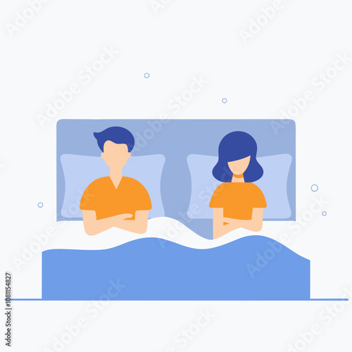 A man and woman are sleeping in a bed. The man is on the left side of the bed and the woman is on the right. The man is looking at the camera and the woman is looking away