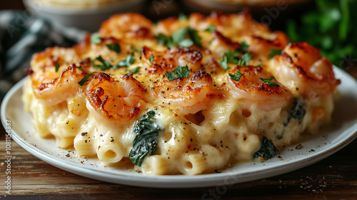 Creamy shrimp and spinach pasta dish served on a rustic wooden table